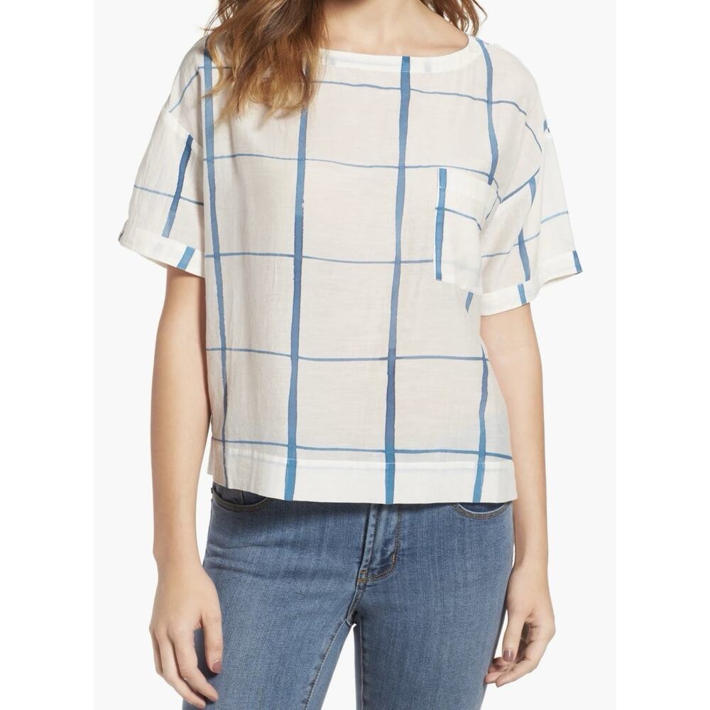 Eileen Fisher Womens White Chamber Hand-Painted Cotton Silk Squares Top Sz L